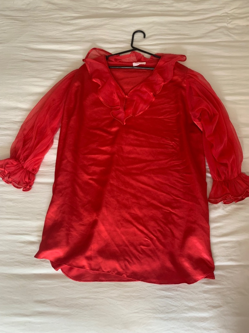 Vintage Scaasi Red Silk Chiffon Ruffle Neck Long Sleeve Shift Mini Dress